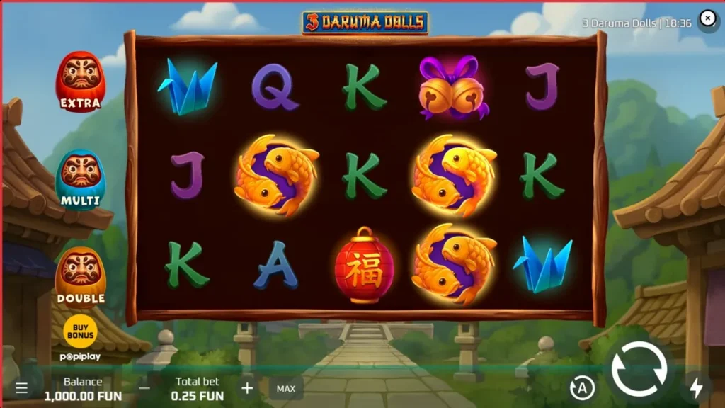 Tampilan visual slot 3 Daruma Dolls dengan latar belakang kuil Jepang dan simbol-simbol tradisional.