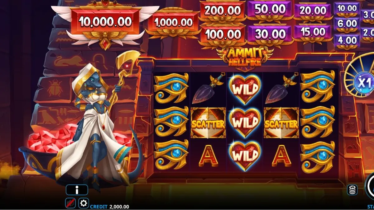 Tampilan visual slot Ammit Hellfire dengan karakter Ammit dan latar belakang Mesir Kuno