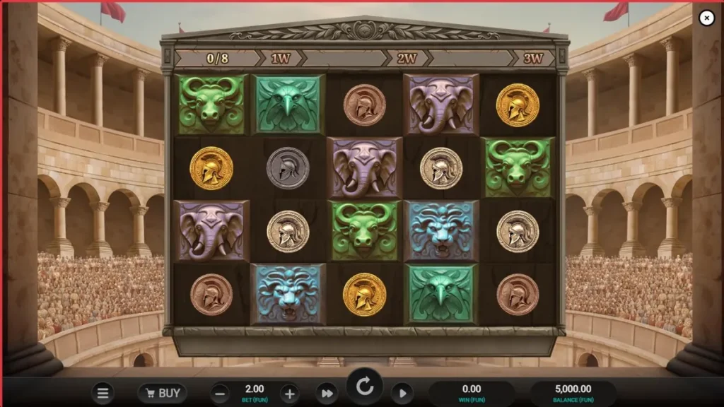 Arena of Fortune slot machine interface featuring Roman gladiator theme