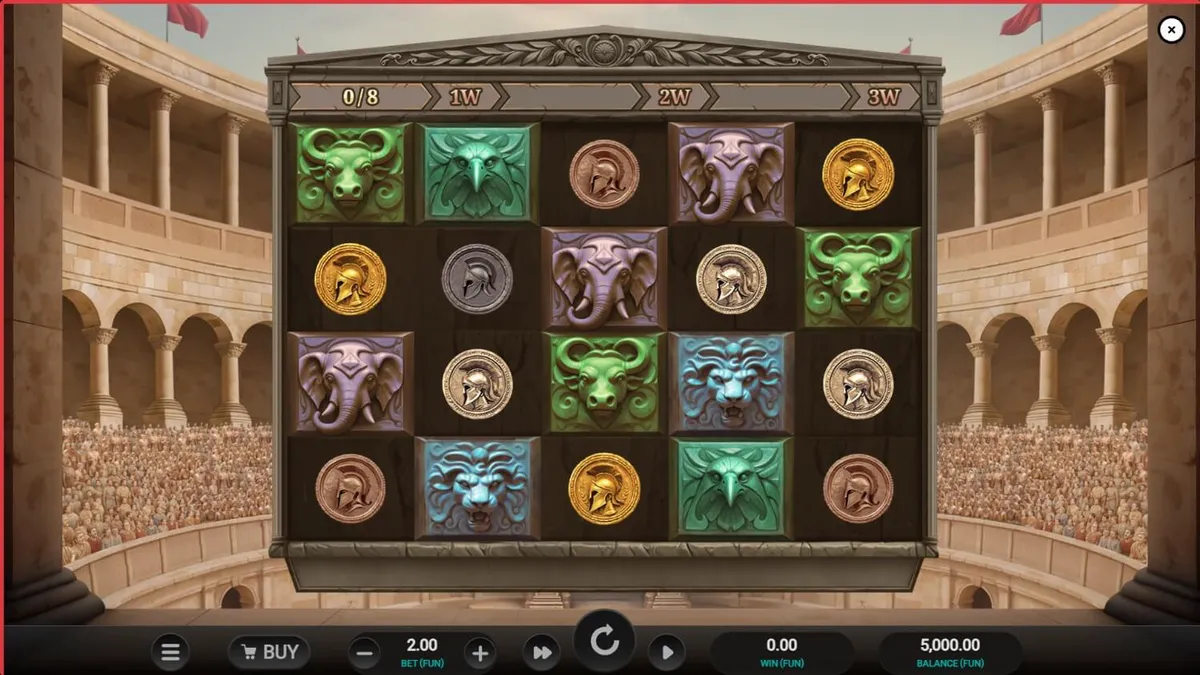 Arena of Fortune slot machine interface featuring Roman gladiator theme