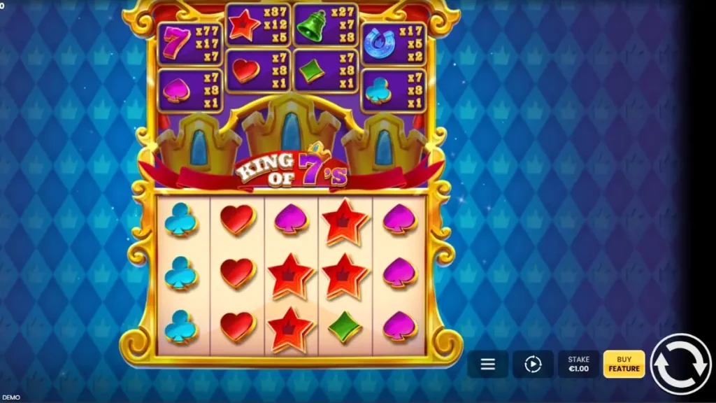 Tampilan visual mesin slot King of 7's dengan simbol mahkota dan angka 7 yang berkilau