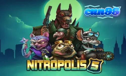 Tampilan layar utama permainan slot Nitropolis 5 dengan tema futuristik dan karakter hewan.